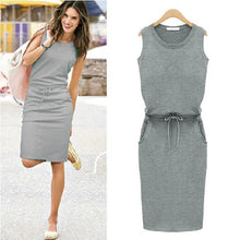 Women Sleeveless Knee-Length Dresses Pockets With Belt Pencil Casual vest Dress J2218