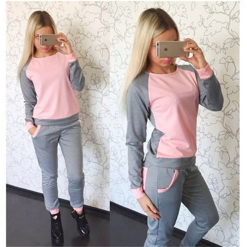 Women 2 piece Women Tracksuit Femme Sport Style Long Sleeve O-Neck Patchwork Color Women Tracksuits Set GV103
