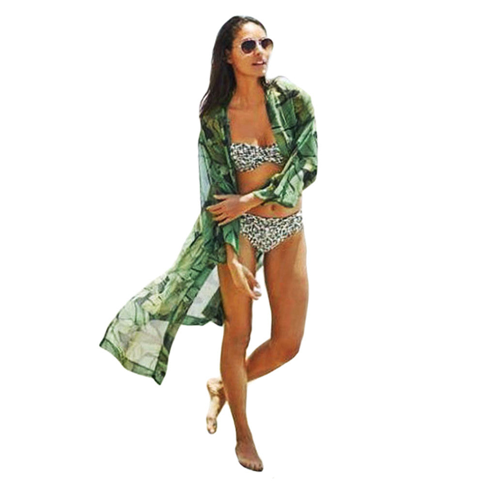 new-women-chiffon-long-kimono-leaves-print-loose-cardigan-blouse-outerwear-beachwear-bikini-cover-up-green BBL