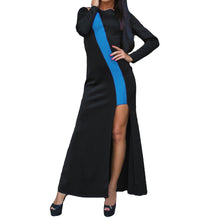 women-low-cut-sexy-dress-contrastcolor-o-neck-long-sleeve-irregular-slit-hem-long-dress-women-maxi-dress-vestidos BBL