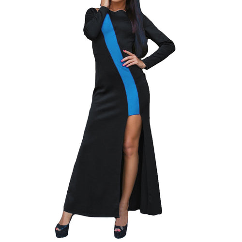 women-low-cut-sexy-dress-contrastcolor-o-neck-long-sleeve-irregular-slit-hem-long-dress-women-maxi-dress-vestidos BBL