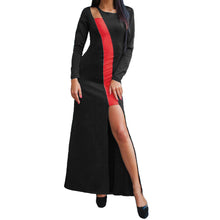 women-low-cut-sexy-dress-contrastcolor-o-neck-long-sleeve-irregular-slit-hem-long-dress-women-maxi-dress-vestidos BBL
