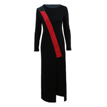 women-low-cut-sexy-dress-contrastcolor-o-neck-long-sleeve-irregular-slit-hem-long-dress-women-maxi-dress-vestidos BBL
