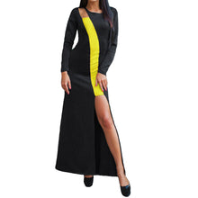 women-low-cut-sexy-dress-contrastcolor-o-neck-long-sleeve-irregular-slit-hem-long-dress-women-maxi-dress-vestidos BBL
