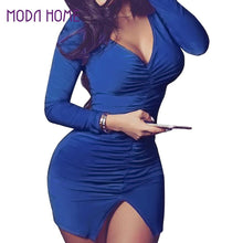new-women-sexy-bodycon-bandage-dress-ruched-split-hem-mini-dress-deep-v-neck-long-sleeves-sheath-club-party-dress-red-blue-pink BBL