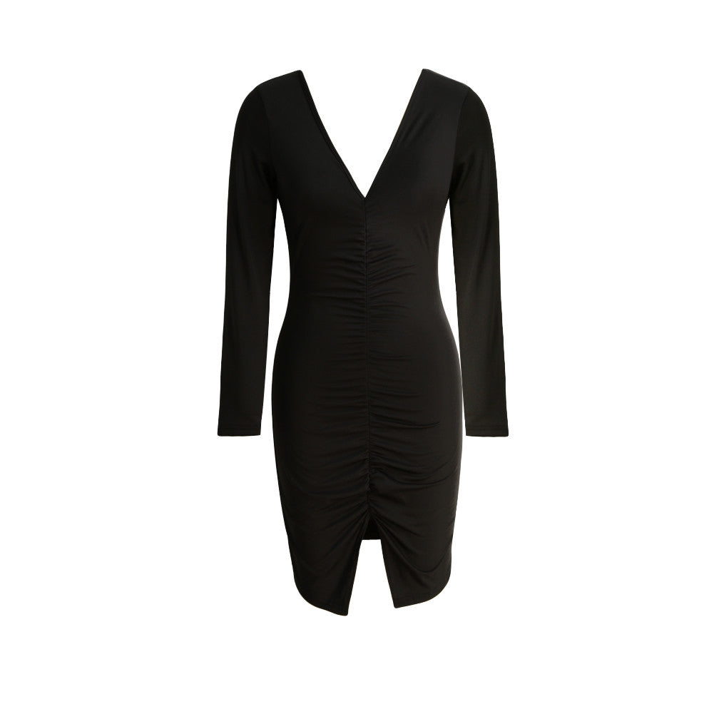 new-women-sexy-bodycon-bandage-dress-ruched-split-hem-mini-dress-deep-v-neck-long-sleeves-sheath-club-party-dress-red-blue-pink BBL