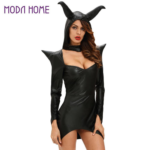women-sexy-halloween-witch-costume-cosplay-dark-sorceress-mini-wicca-dress-horn-high-low-hem-pu-leather-hooded-uniform-black BBL