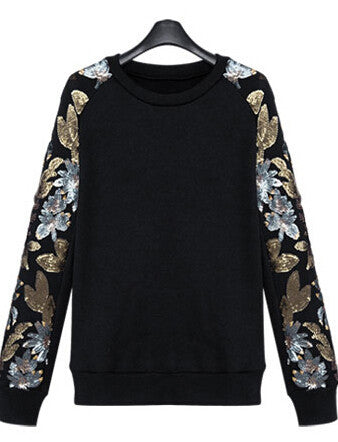 Women's Slouchy Golden Sequin Bling Flower Pattern Crew neck Long sleeve Pullover Jumper Sweats Sweatshirts Tops Black