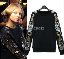Women's Slouchy Golden Sequin Bling Flower Pattern Crew neck Long sleeve Pullover Jumper Sweats Sweatshirts Tops Black