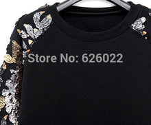 Women's Slouchy Golden Sequin Bling Flower Pattern Crew neck Long sleeve Pullover Jumper Sweats Sweatshirts Tops Black