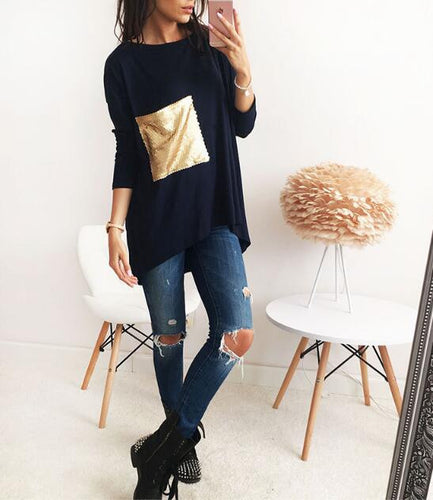 Nice Breif Shirts Women's Asymmetric O Neck Long Bottoming Tunic Shirts With Sequined Clothings LX101
