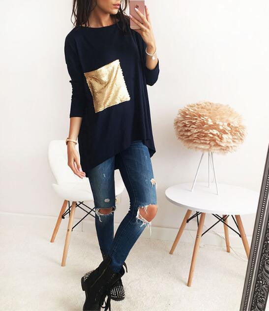 Nice Breif Shirts Women's Asymmetric O Neck Long Bottoming Tunic Shirts With Sequined Clothings LX101