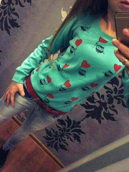 Nice Cute Cartoon Owl Print Sweatshirt Women's Casual Full Sleeve Sweatshirts Plus Size Hoodies Tops LX080