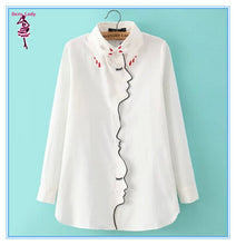 Novelty Women's White Girl Face Line Embroidered Shirt Vintage Long Sleeve Lapel Buttons Slim Hand Collar Loose Blouse