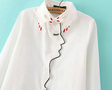 Novelty Women's White Girl Face Line Embroidered Shirt Vintage Long Sleeve Lapel Buttons Slim Hand Collar Loose Blouse