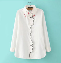 Novelty Women's White Girl Face Line Embroidered Shirt Vintage Long Sleeve Lapel Buttons Slim Hand Collar Loose Blouse