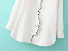 Novelty Women's White Girl Face Line Embroidered Shirt Vintage Long Sleeve Lapel Buttons Slim Hand Collar Loose Blouse