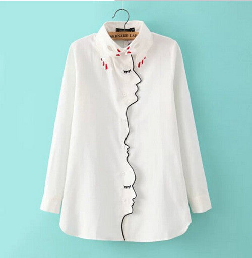 Novelty Women's White Girl Face Line Embroidered Shirt Vintage Long Sleeve Lapel Buttons Slim Hand Collar Loose Blouse