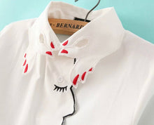 Novelty Women's White Girl Face Line Embroidered Shirt Vintage Long Sleeve Lapel Buttons Slim Hand Collar Loose Blouse