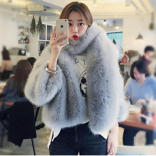 O neck Long Hairy Shaggy Faux Fox Fur Jackets With Scarf 1 Set Woman Three Quarter sleeve Loose Faux Fur Coat Outerwear