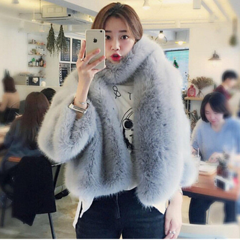 O neck Long Hairy Shaggy Faux Fox Fur Jackets With Scarf 1 Set Woman Three Quarter sleeve Loose Faux Fur Coat Outerwear