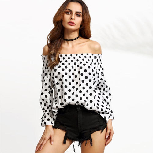 Off Shoulder Women Blouses Sexy Long Sleeve Chiffon Polka dot Plus Size Ladies Blouse Casual Tops Clothing Shirt