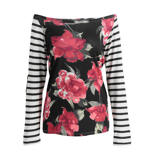 off-the-shoulder-tops-for-women-slash-neck-floral-print-t-shirt-striped-patch-long-sleeve-top-plus-size-undershirt-black BBL