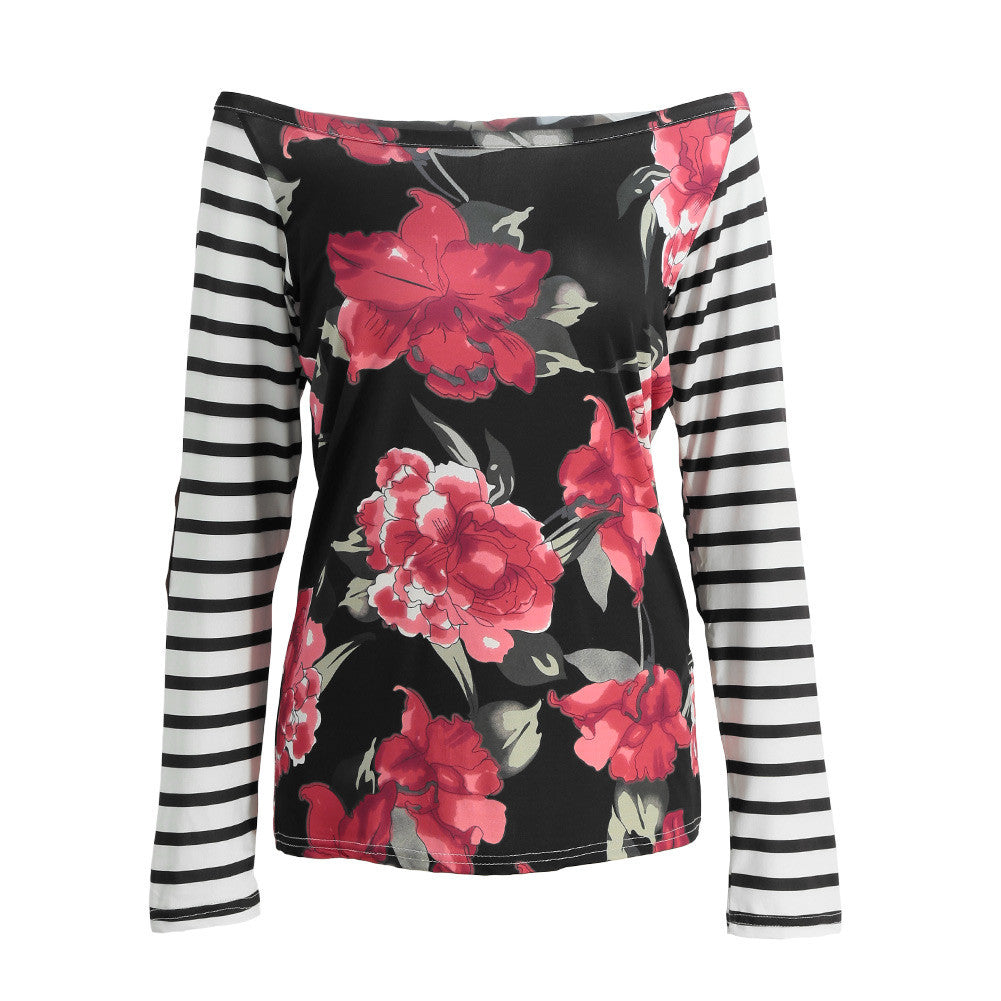 off-the-shoulder-tops-for-women-slash-neck-floral-print-t-shirt-striped-patch-long-sleeve-top-plus-size-undershirt-black BBL
