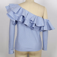One Shoulder Ruffle Blouses And Shirts Women Elegant Blue Striped Off Shoulder Tops Shirt Long Sleeve Ruffle Top