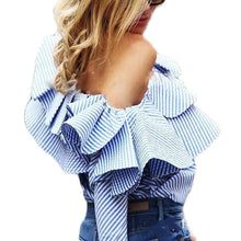 One Shoulder Ruffle Blouses And Shirts Women Elegant Blue Striped Off Shoulder Tops Shirt Long Sleeve Ruffle Top