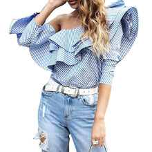 One Shoulder Ruffle Blouses And Shirts Women Elegant Blue Striped Off Shoulder Tops Shirt Long Sleeve Ruffle Top