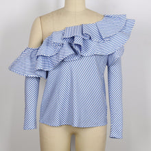 One Shoulder Ruffle Blouses And Shirts Women Elegant Blue Striped Off Shoulder Tops Shirt Long Sleeve Ruffle Top