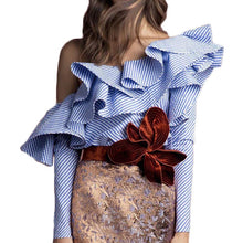 One Shoulder Ruffle Blouses And Shirts Women Elegant Blue Striped Off Shoulder Tops Shirt Long Sleeve Ruffle Top