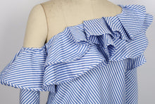 One Shoulder Ruffle Blouses And Shirts Women Elegant Blue Striped Off Shoulder Tops Shirt Long Sleeve Ruffle Top