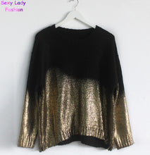 PUNK Retro Contrast Gradient Bronzing Golden Color Print Knit Sweater Women's Batwing Sleeve Loose Pullover Sweater Knitwear