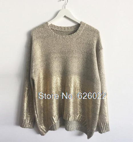 PUNK Retro Contrast Gradient Bronzing Golden Color Print Knit Sweater Women's Batwing Sleeve Loose Pullover Sweater Knitwear