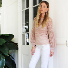 Pink Black White Sexy Hollow Out Lace Blouse Transparent Lantern Sleeve Crochet Women Tops Long Sleeve Lace Shirts Women