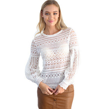 Pink Black White Sexy Hollow Out Lace Blouse Transparent Lantern Sleeve Crochet Women Tops Long Sleeve Lace Shirts Women