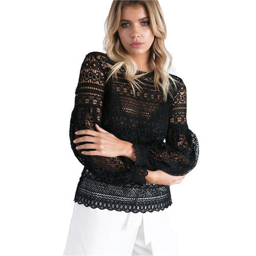 Pink Black White Sexy Hollow Out Lace Blouse Transparent Lantern Sleeve Crochet Women Tops Long Sleeve Lace Shirts Women
