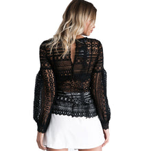 Pink Black White Sexy Hollow Out Lace Blouse Transparent Lantern Sleeve Crochet Women Tops Long Sleeve Lace Shirts Women