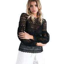 Pink Black White Sexy Hollow Out Lace Blouse Transparent Lantern Sleeve Crochet Women Tops Long Sleeve Lace Shirts Women