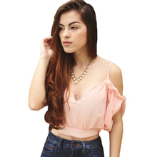 Pink Chiffon Spaghetti Strap Ruched Ruffled Cropped Camisole Cold Shoulder Cut out Backless Short Women Top