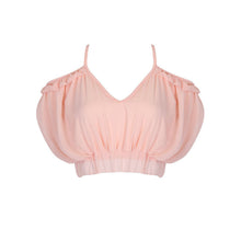 Pink Chiffon Spaghetti Strap Ruched Ruffled Cropped Camisole Cold Shoulder Cut out Backless Short Women Top