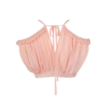 Pink Chiffon Spaghetti Strap Ruched Ruffled Cropped Camisole Cold Shoulder Cut out Backless Short Women Top