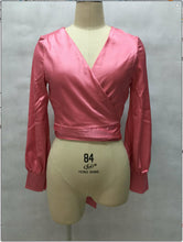 Pink White Women Blouses And Shirts Sexy V Neck Satin Blouse Women Tops Lantern Sleeve Bow Lacing Ladies Office Shirts