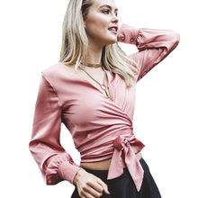 Pink White Women Blouses And Shirts Sexy V Neck Satin Blouse Women Tops Lantern Sleeve Bow Lacing Ladies Office Shirts