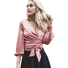 Pink White Women Blouses And Shirts Sexy V Neck Satin Blouse Women Tops Lantern Sleeve Bow Lacing Ladies Office Shirts