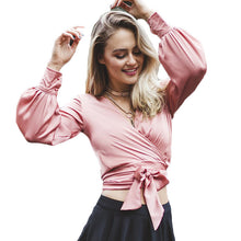Pink White Women Blouses And Shirts Sexy V Neck Satin Blouse Women Tops Lantern Sleeve Bow Lacing Ladies Office Shirts