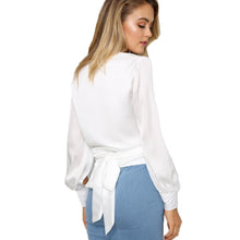 Pink White Women Blouses And Shirts Sexy V Neck Satin Blouse Women Tops Lantern Sleeve Bow Lacing Ladies Office Shirts