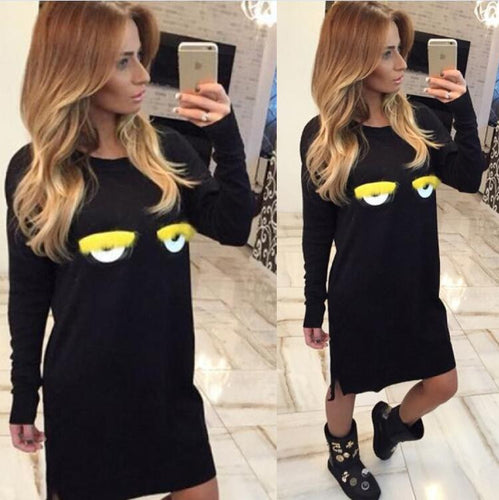 Plus Size Women Dress Casual Loose Cute Cartoon Eye Warm Dress Vestidos Fall Party Dresses GV415